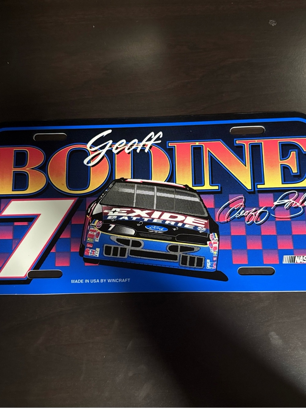 Geoff Bodine #7 Racing License Plate — Blue, Pink & Yellow